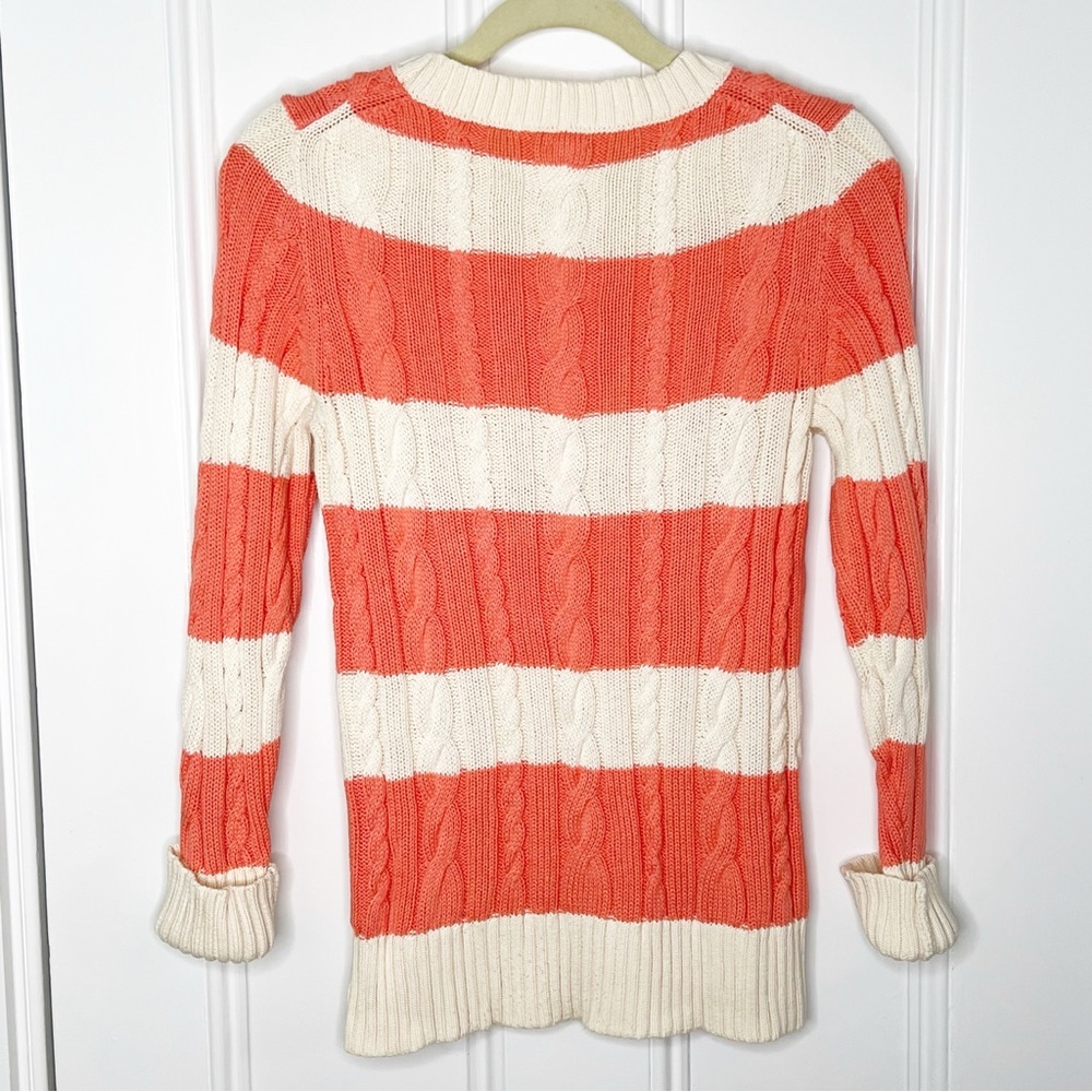 J. Crew Striped Cable Knit Cotton Sweater Cream Coral Salmon Size Medium - Picture 3 of 7